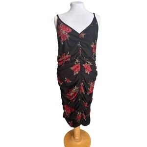Curvy Sense Black Red Floral Ruched Bodycon Dress Mesh Spaghetti Strap